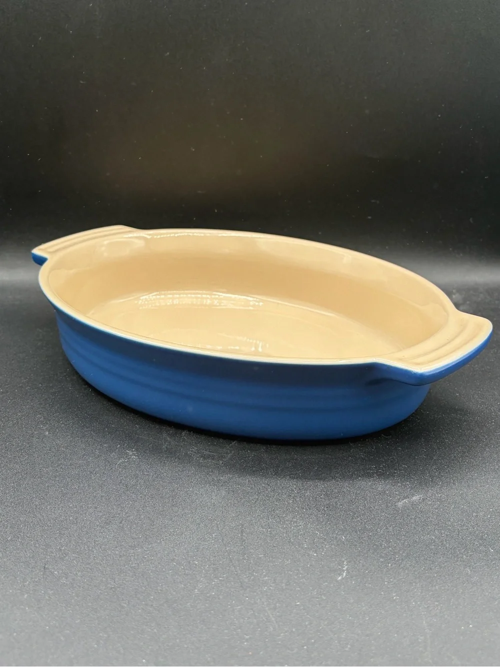 Le Creuset Heritage Stoneware Large Oval Casserole Dish Cobalt Scallop Handles